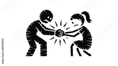 Two people in protective suits pushing against each other with a glowing barrier between them. isolated on white background, Vector, illustration