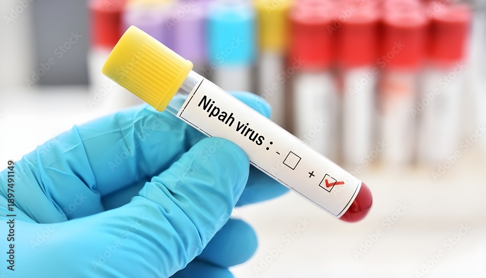 Obraz premium Hand in glove holding Nipah virus blood test tube sample