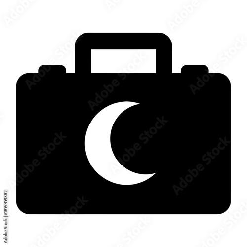 Black Silhouette Vector Icon of a Medical Kit or Briefcase Featuring a White Crescent Moon Symbol, Representing Night Shift Services, Sleep Aid, or Emergency Medical Care.