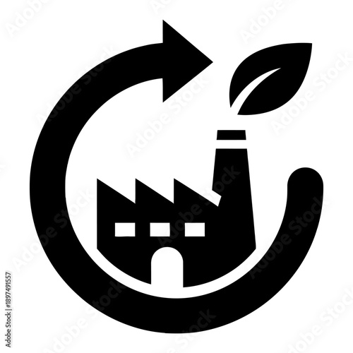 Eco-friendly factory icon featuring a silhouette of an industrial plant with a leaf in the chimney and a circular arrow. Vector symbol for sustainable manufacturing.
