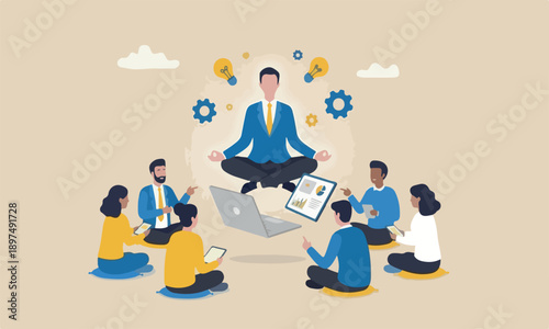 Business guru, target, smart thinking to solve problem concept, genius businessman sitting meditate working with computer laptop floating in the air.