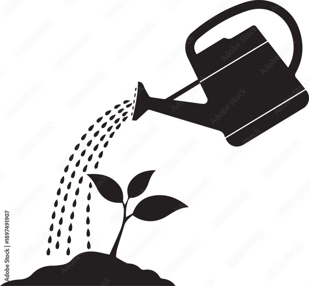 Obraz premium Watering can pouring water on plant sprout silhouette vector illustration for garden design