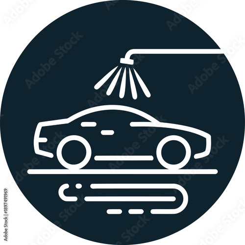 A minimalist line art icon depicting a car being washed under a spray nozzle
