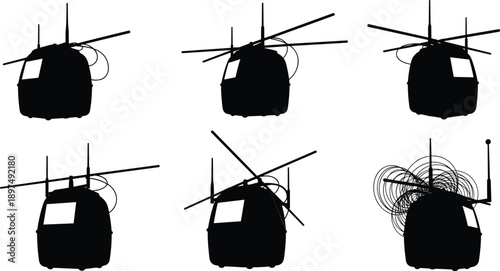 Helicopter silhouette illustration, black vector design, rotor evolution, antenna detail, radar signal, aviation technology, front view, aircraft concept, defense theme