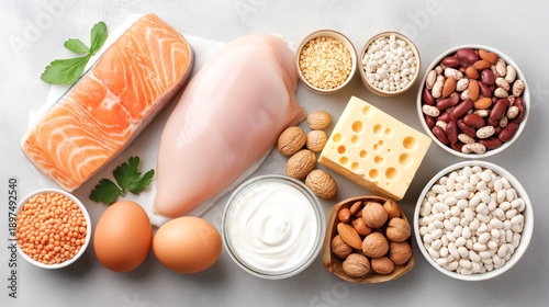 Top view of protein rich foods including lean chicken breast, salmon fillet, eggs, Greek yogurt, beans, lentils, nuts and tofu arranged on a neutral surface, high protein nutrition concept.