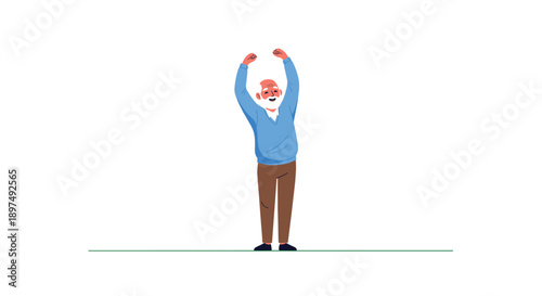 Happy senior man with white beard and blue sweater stretching his arms above his head while doing a light morning workout.