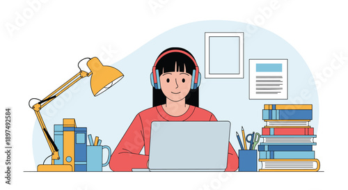 Young woman with headphones and bangs working on a laptop at a organized desk with books, a lamp, and study supplies.