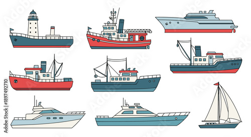 Comprehensive collection of ten diverse maritime vessels including yachts, fishing boats, a lighthouse ship, and a sailboat.