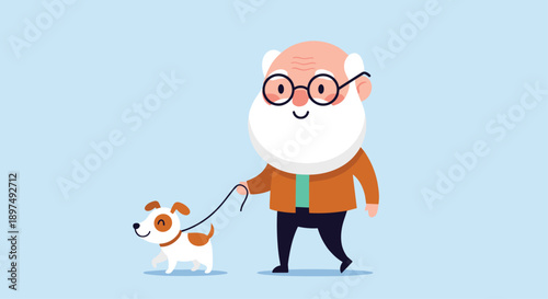 Happy senior man with white beard and glasses walking his small white and brown dog on a leash for exercise.