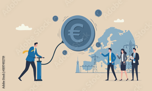Inflation in causing,meeting teams together bank interest rate policy to reduce inflation, Euro recession or money devaluation concept, businessman inflate air pump into floating Euro money coin
