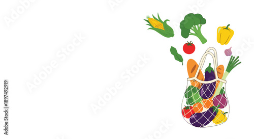 White string bag filled with a colorful variety of fresh organic vegetables and fruits representing healthy eating and shopping.
