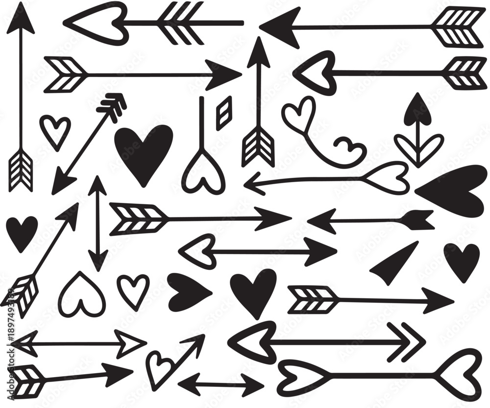 Fototapeta premium Collection of black arrows and hearts on white background
