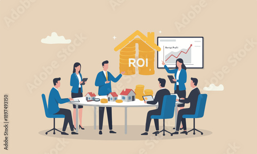 Property or buy a rental profit, ROI, return on investment or mortgage, house ownership or investing opportunity concept, businessman hand put coin with money return