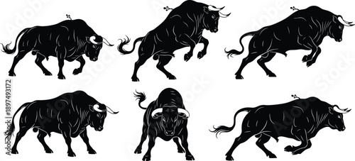 Bull silhouette illustration set, aggressive animal poses, black vector design, charging strong stance, muscular horned figure, financial symbol icon pack