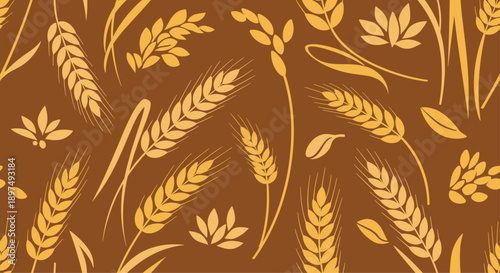 Seamless pattern depicting golden wheat ears and grains scattered across a dark brown background for a natural feel.