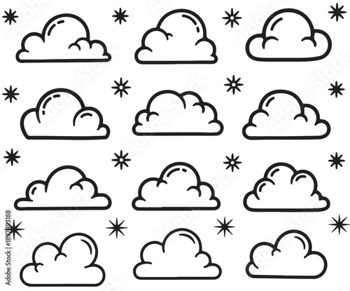 A set of cartoon clouds and snowflakes on a white background