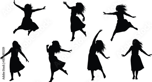 Female dancer silhouette set, expressive movement poses, black vector figure design, jumping flowing dress motion, artistic dance icon pack