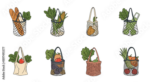 Diverse set of reusable string mesh bags filled with various fresh vegetables, fruits, and bread for eco-friendly shopping.