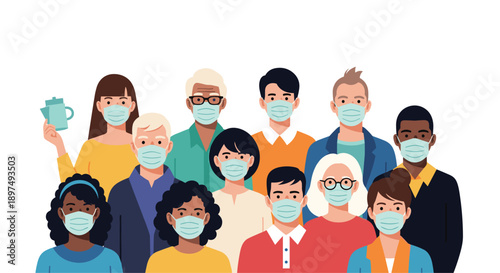 Large diverse group of people from different backgrounds all wearing protective medical face masks against a white background.