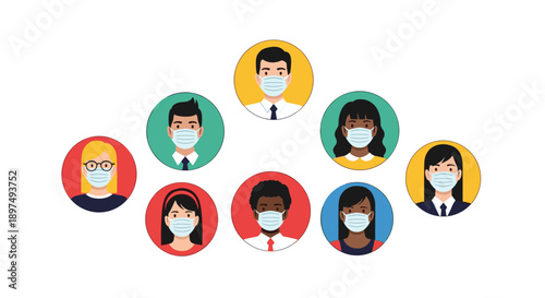 Collection of diverse people portraits enclosed in colored circles all wearing protective medical face masks for safety.