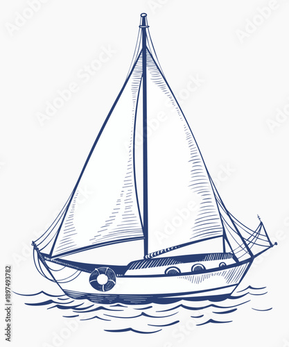 Vector line illustration of a sailboat in the ocean. Marine design with waves and wind. Suitable for travel, sailing, tourism, navigation, and marine sport projects. Isolated clipart.