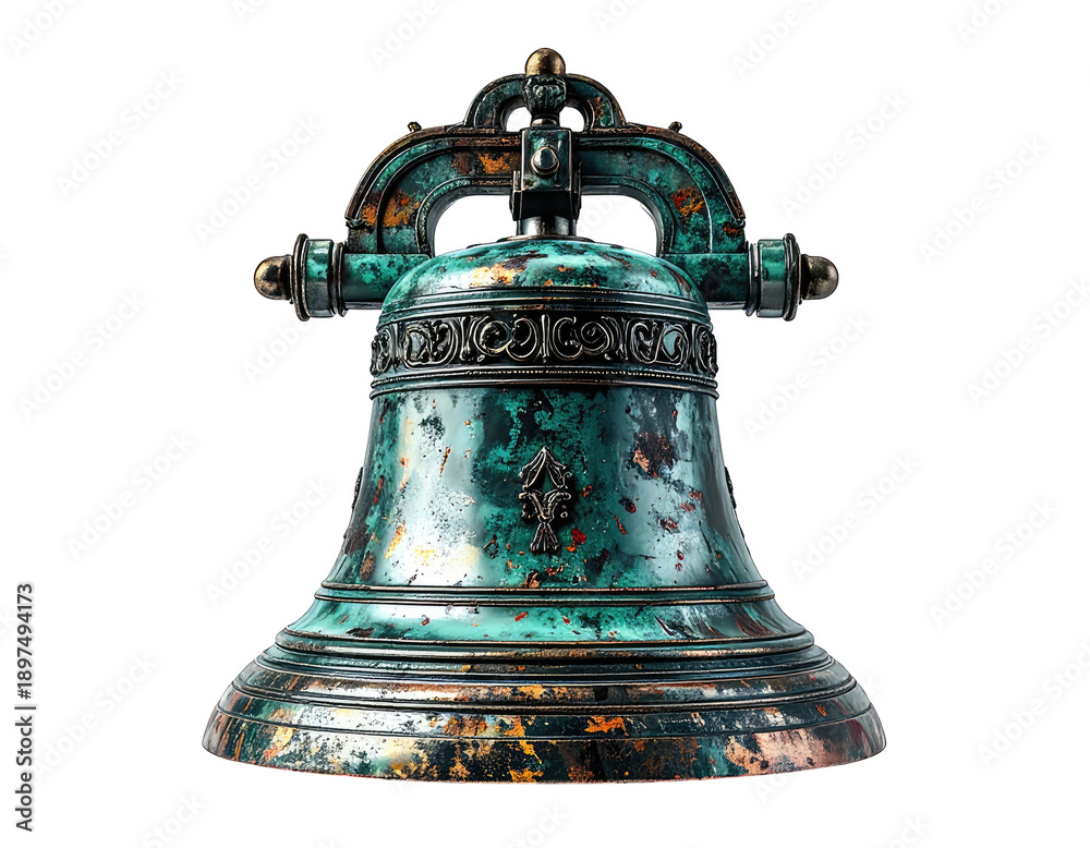 Fototapeta premium Ornate, weathered bronze bell with detailed engravings, set against black