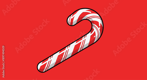Traditional red and white striped Christmas candy cane tilted at an angle against a bright solid red background.