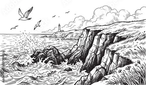 Detailed black and white line art illustration of a dramatic rocky coastline with crashing waves and flying seagulls, ocean cliff scenery, natural seascape, outdoor travel and adventure concept