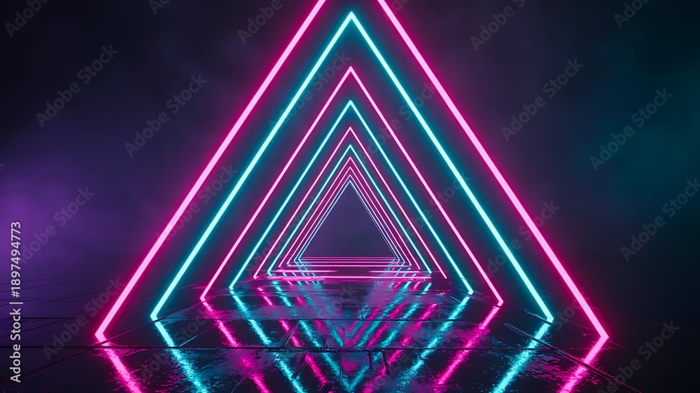 Fototapeta premium Neon glowing triangle tunnel futuristic abstract background 