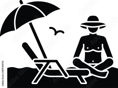 Person relaxing on beach chair under umbrella with bird flying overhead, summer vacation, leisure, and outdoor recreation