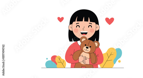 Cute little girl hugging her favorite brown teddy bear with red hearts floating in the background expressing pure love.