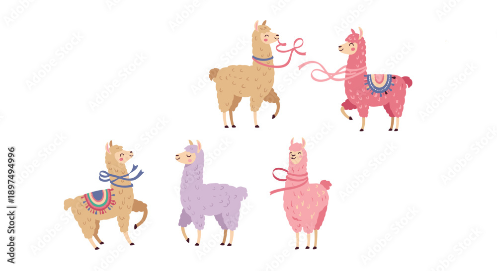 Fototapeta premium Collection of five adorable cartoon llamas and alpacas in various colors like pink, purple, and beige decorated with ribbons.