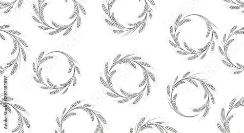 Seamless monochrome pattern featuring delicate wreaths made of ripened wheat stalks on a clean white background design.