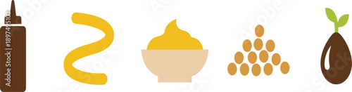 Chocolate Syrup and Mustard Sauce Bottles with Bowl and Cocoa Beans Set Isolated on White Flat Vector Illustration