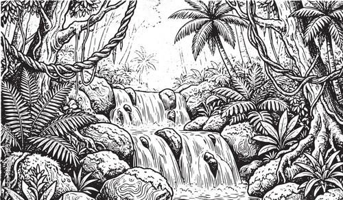 Serene black and white jungle waterfall scene with lush foliage and rocks