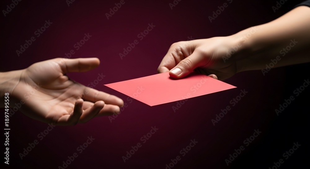 Obraz premium Hands passing red envelope gift on dark background with cinematic lighting. Chinese new year celebration tradition concept. 