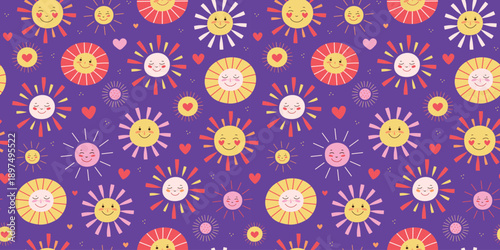 Cheerful suns and hearts. Seamless pattern. Cute, bright cartoon suns with smiles on their faces. Colorful spring-summer background.