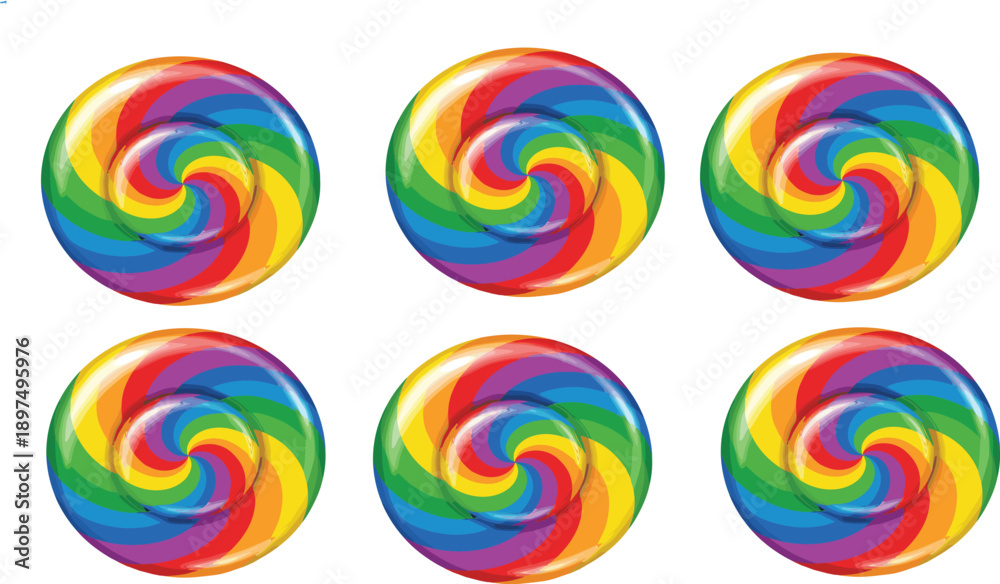 Obraz premium Colorful Rainbow Swirl Candy Lollipop Set Spiral Sweet Confectionery Isolated on White Background Vector Illustration