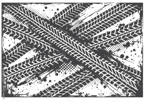 Close-up of a bold, repeating tire tread pattern forming a monochrome geometric texture. Ideal for automotive, design, and industrial themes that convey movement and grip