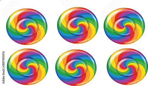 Colorful Rainbow Swirl Candy Lollipop Set Spiral Sweet Confectionery Isolated on White Background Vector Illustration