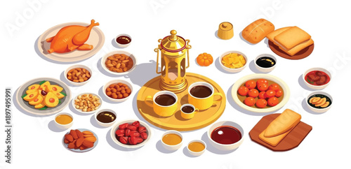 Traditional Middle Eastern Iftar Table 3D Illustration: Authentic Arabic Cuisine Feast featuring Dates, Lanterns, Hummus, and Roast Chicken for Ramadan Celebration and Festive Family Dining Background