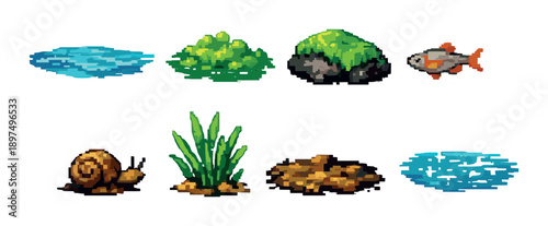 Pixel art aquarium icons featuring fish, snail, and plants