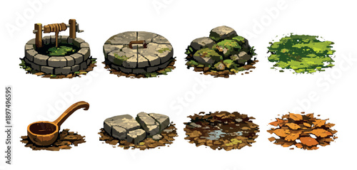 Pixel art medieval terrain elements: well, stones, and foliage