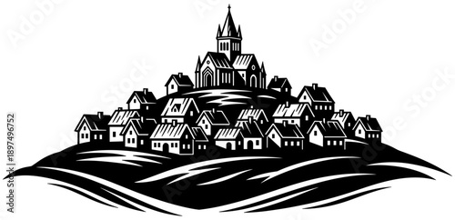 Hilltop Village Silhouette: Clustered Houses, Gothic Church Steeple, Rolling Landscape, Black and White, Minimalist Style, Traditional Architecture and Community Layout Illustration