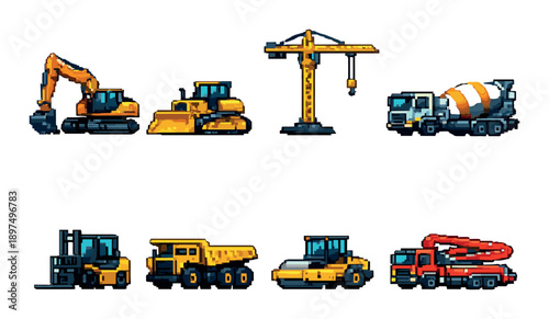 Pixel art construction vehicles collection: excavator, crane, mixer, forklift, dump truck, paver, concrete pump