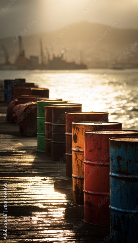 Fototapeta premium Oil Barrels at Coastal Terminal with Dramatic Sunlight and Hazy Ocean Background