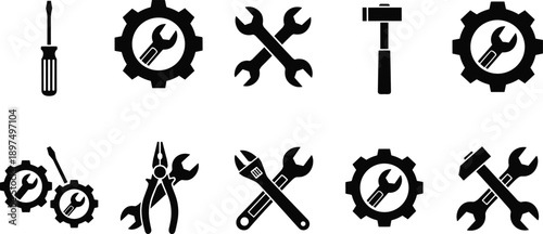 Tools and repair silhouettes icon set, wrench screwdriver hammer gear symbols, mechanic workshop equipment, maintenance service concept, black vector isolated