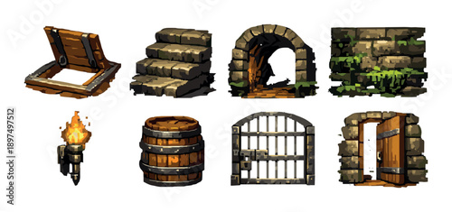 Pixel art dungeon elements: chest, barrel, torches, doors, stairs, walls, gates