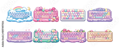 Colorful pastel themed keyboards with cute cloud and floral designs