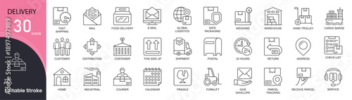 Delivery related line icons set. Pack outline pictograms of e-shopping, email, global logistics, safe packaging, cargo, fast shipping and other. Editable stroke.